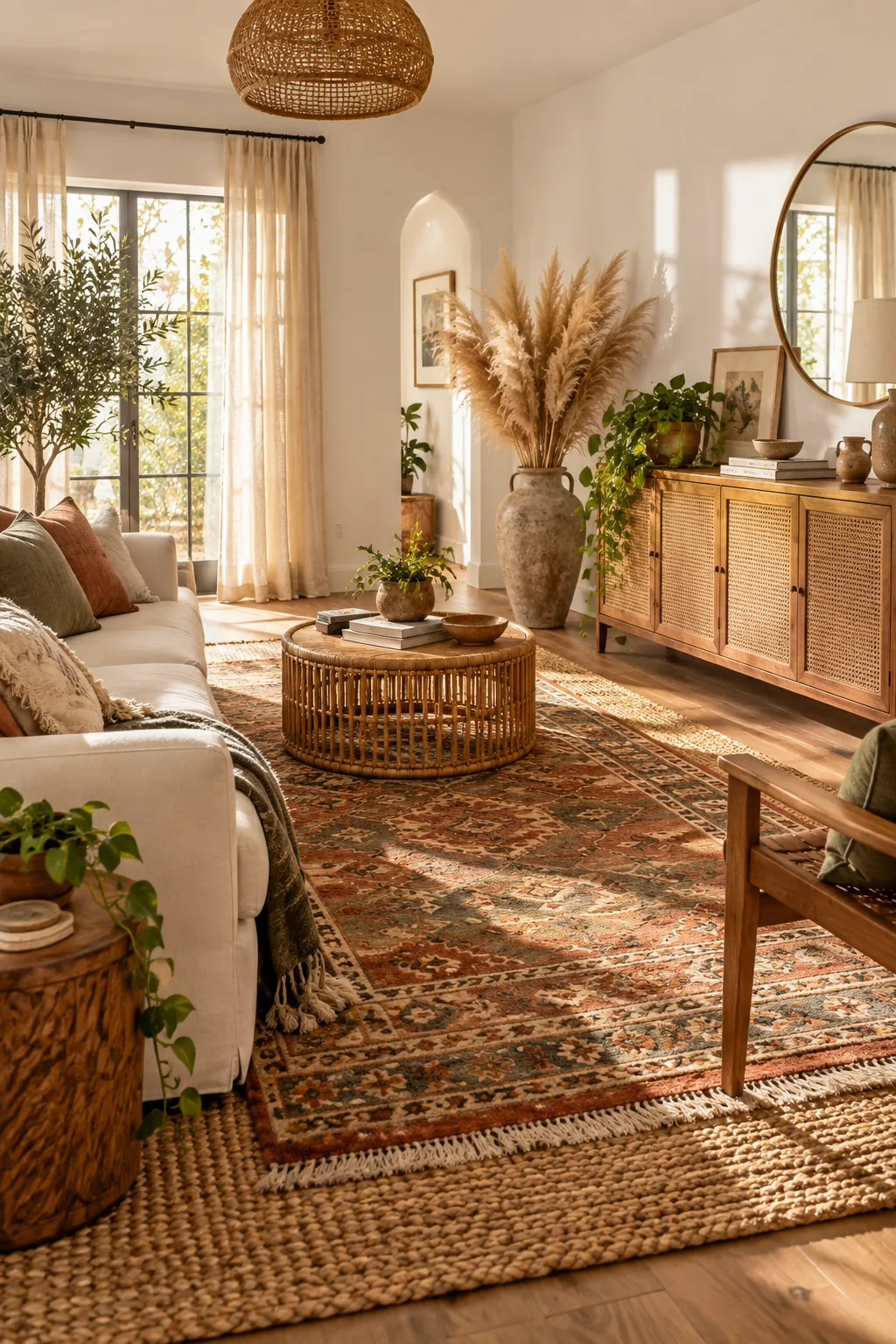 Tall ceramic floor vase filled with fluffy dried pampas grass next to a cream sofa arm.