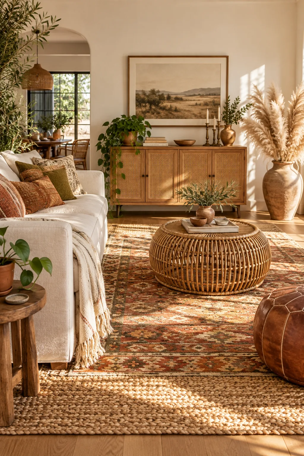 Complete living room view showing layered rugs, a cane sideboard, and a pampas floor vase in warm light.