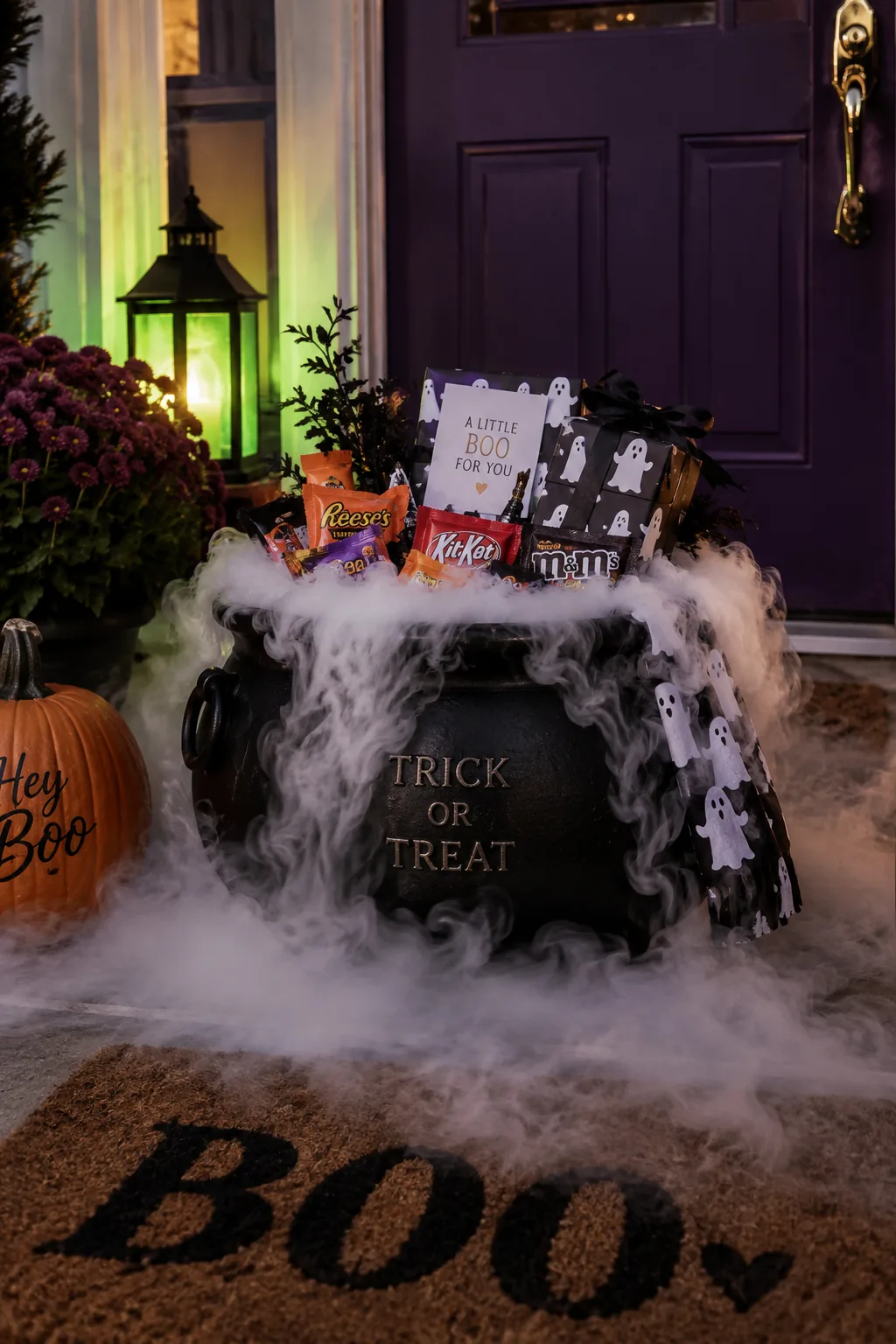 Black plastic cauldron filled with Halloween treats and dry ice smoke.