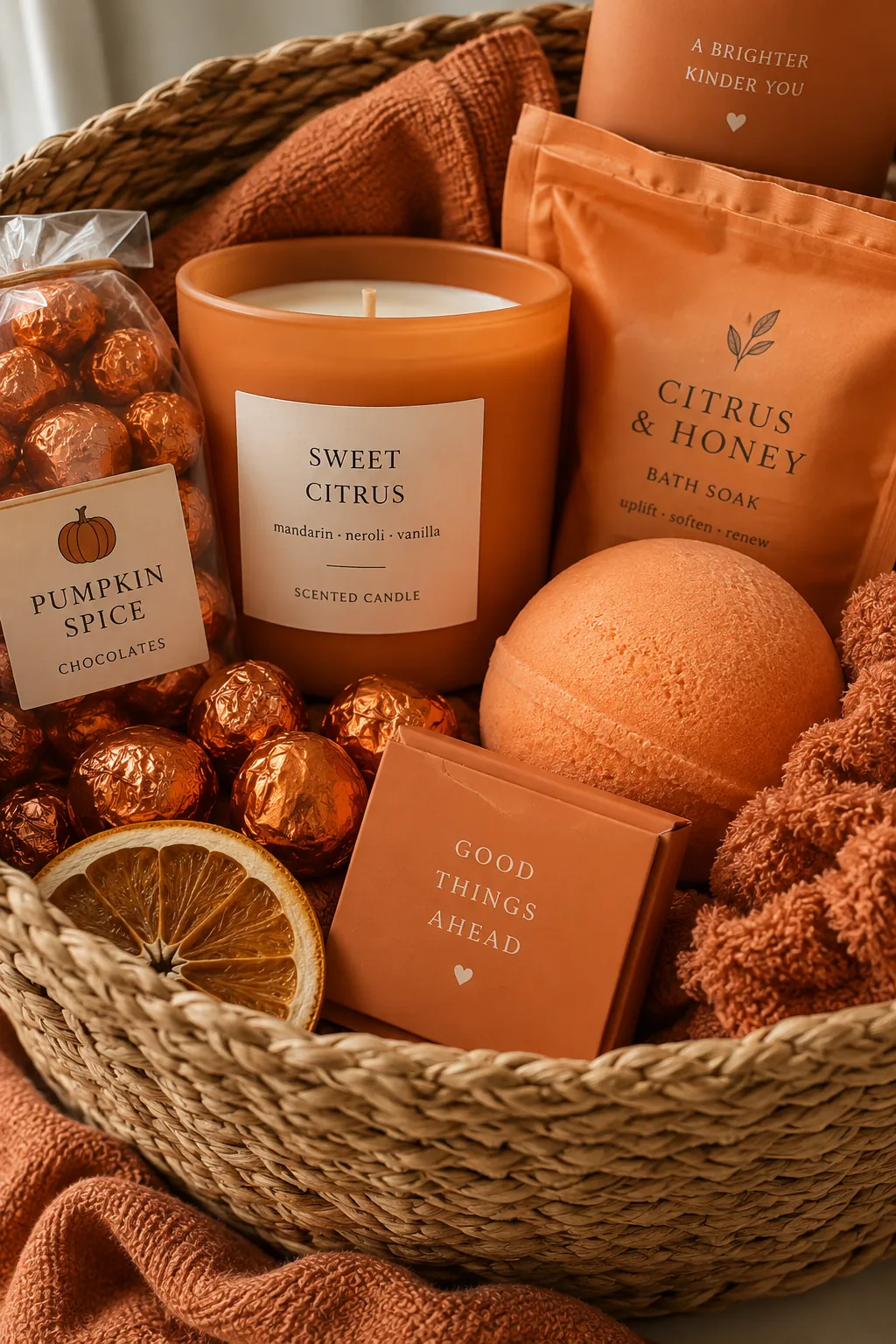 Modern Halloween basket filled entirely with orange items like bath bombs and chocolates.