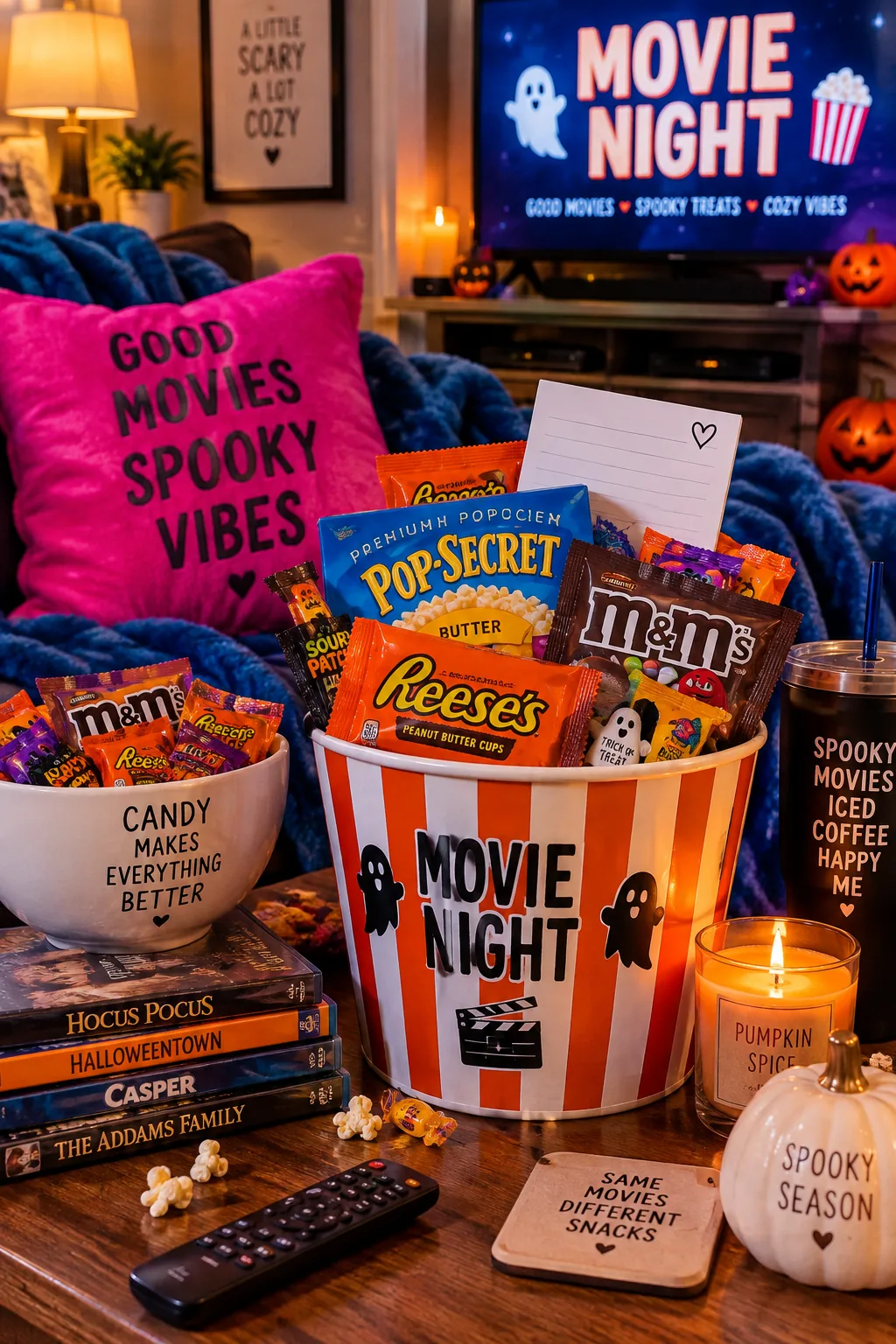 Reusable popcorn bucket filled with popcorn kernels, candy, and a movie list.