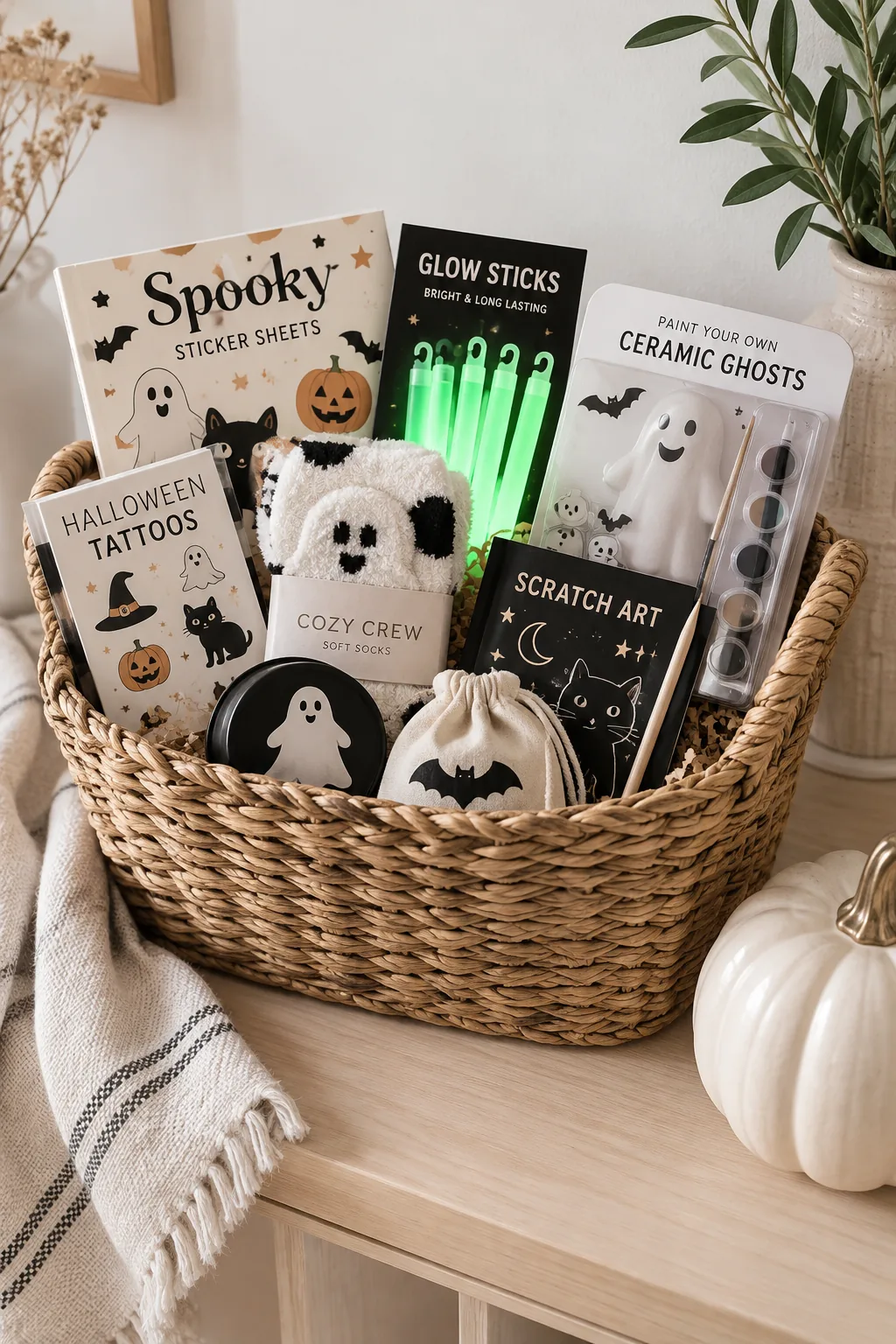Halloween basket filled with glow sticks, stickers, and small craft kits.