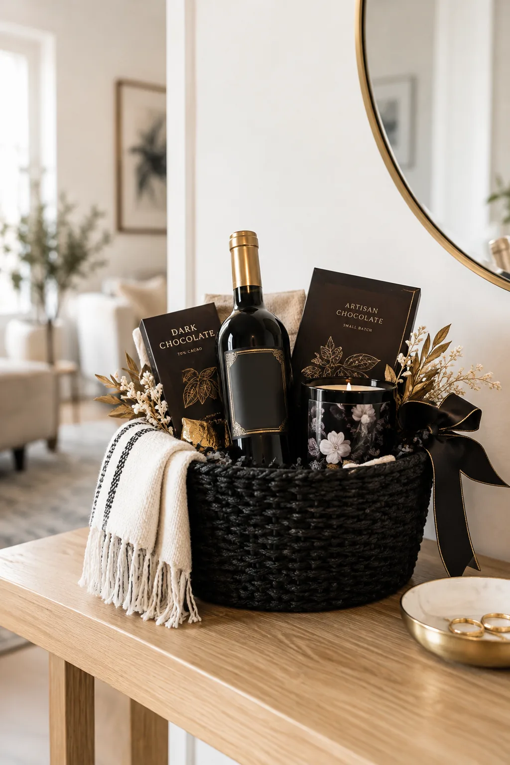 Sophisticated Halloween basket with wine, gothic label, dark chocolate, and a floral candle.