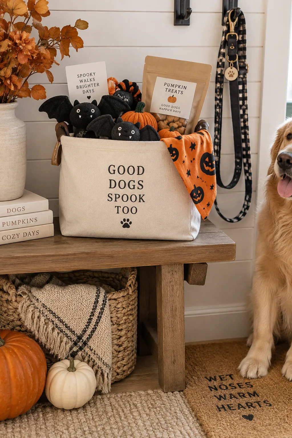 Canvas bin filled with dog treats, squeaky bat toys, and a Halloween bandana.