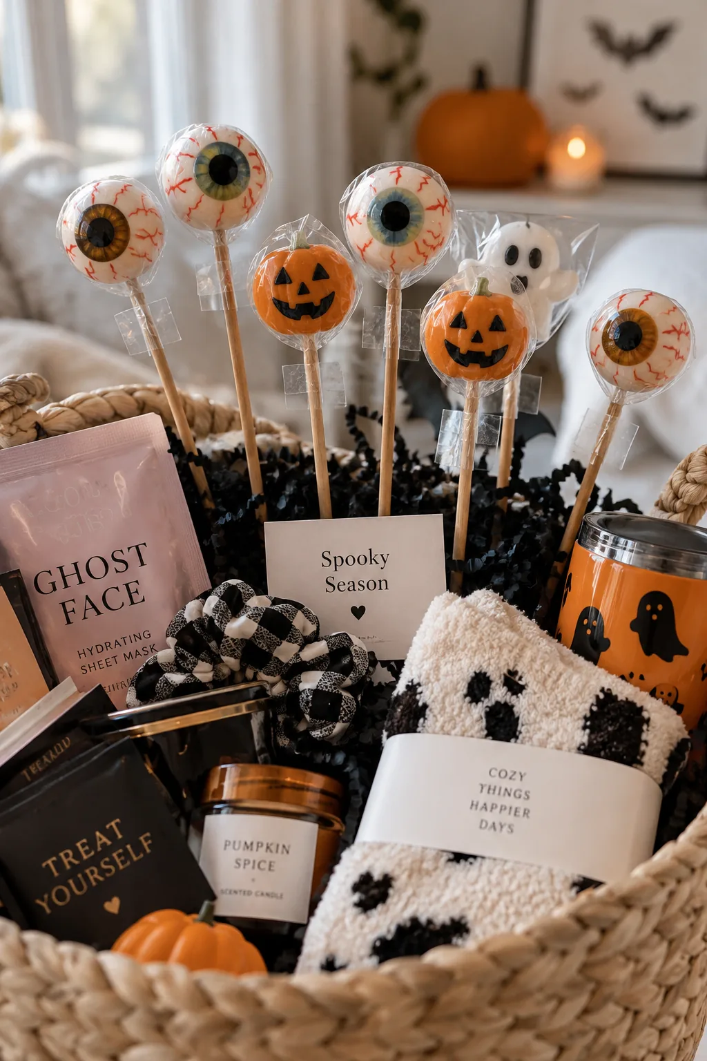 Gummy eyeball candies on wooden skewers sticking out of a Halloween basket.