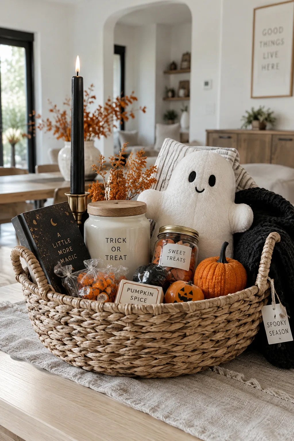 Gift basket featuring tall taper candles, medium boxes, and small wrapped candies.