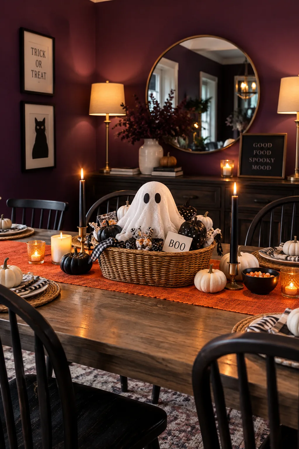 White flour sack towel drawn with ghost eyes sitting in the center of a basket.