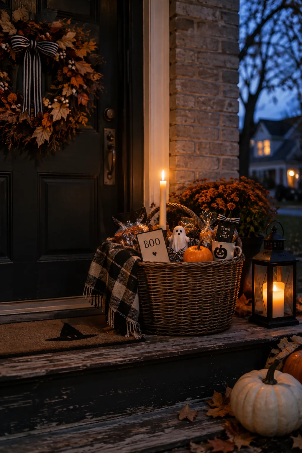 Battery-operated taper candle glowing inside a Halloween gift basket on a dark porch.