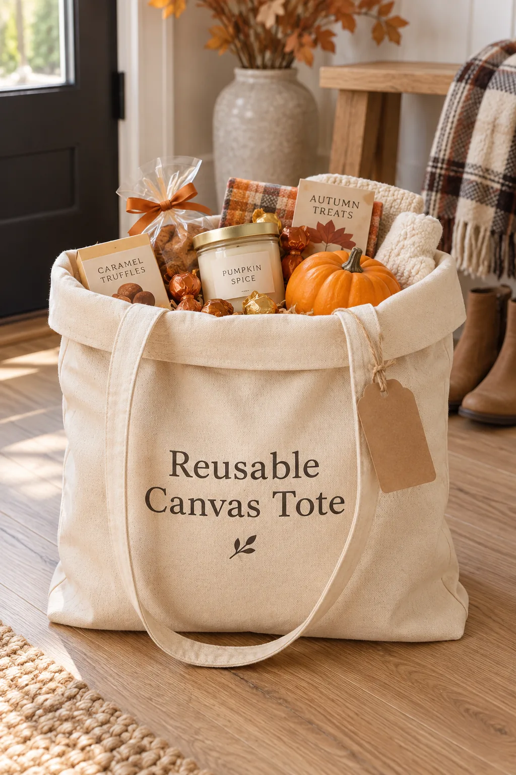 Canvas tote bag with rolled edges displaying Halloween treats and a custom tag.
