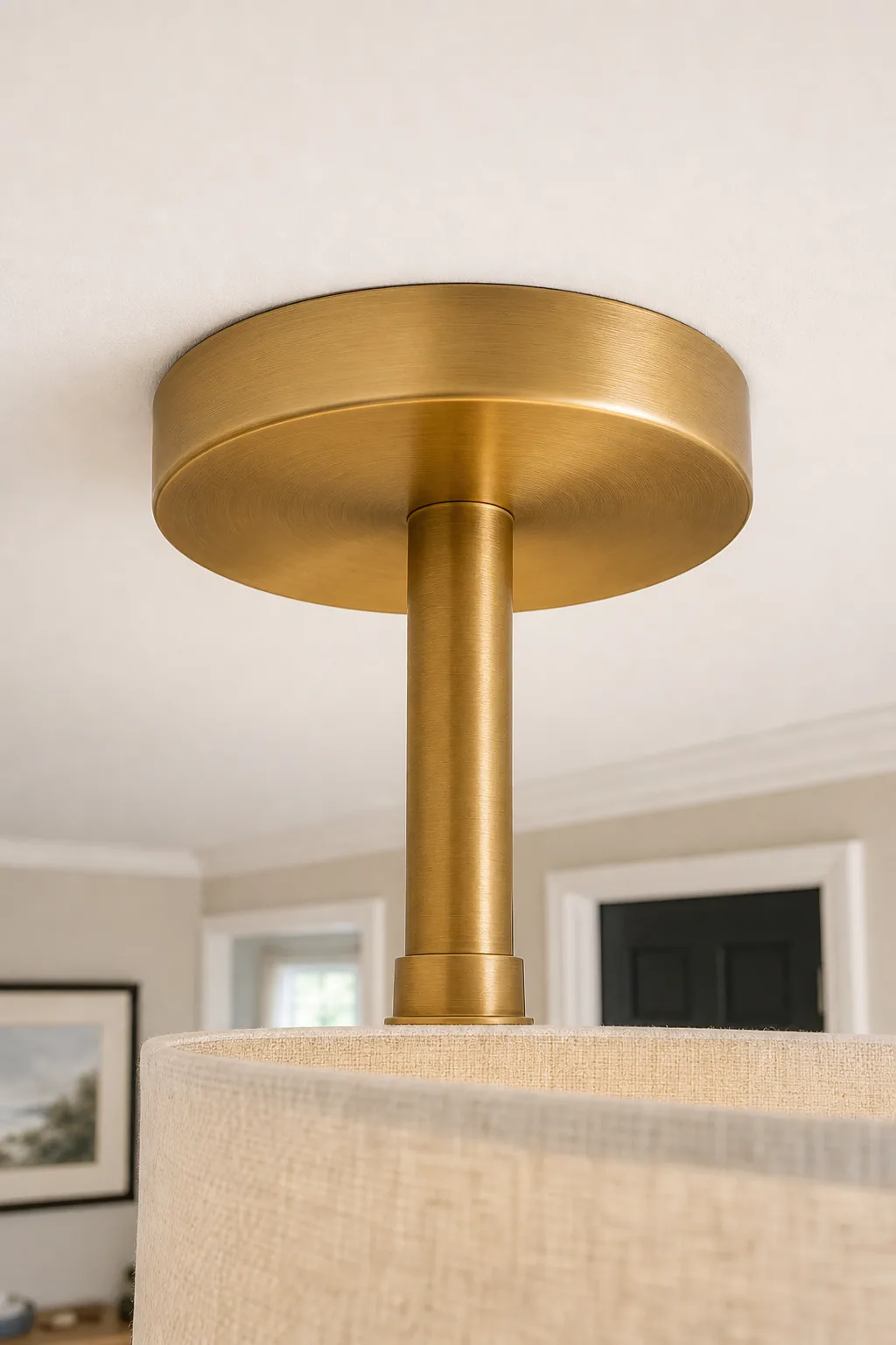 Close-up of a wide brass ceiling canopy resting flush against a white ceiling.