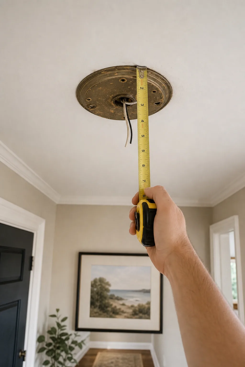 Measuring the diameter of an existing ceiling light fixture base.