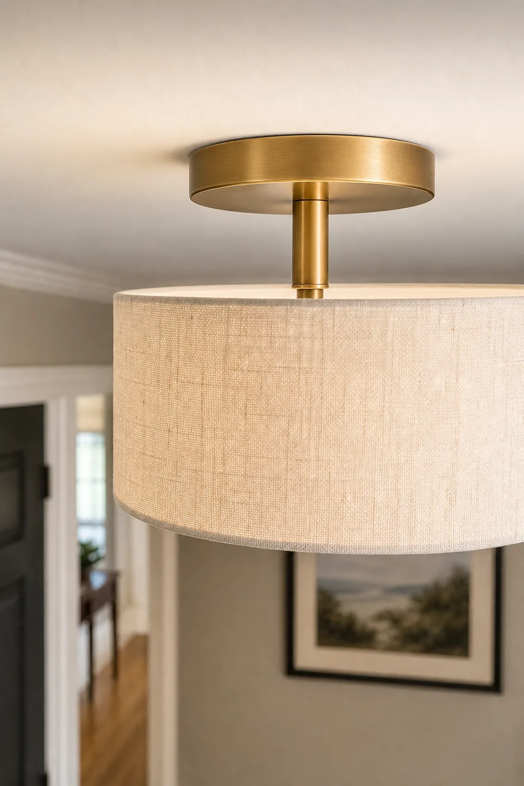 Profile view of the short brass stem on a semi-flush mount light.