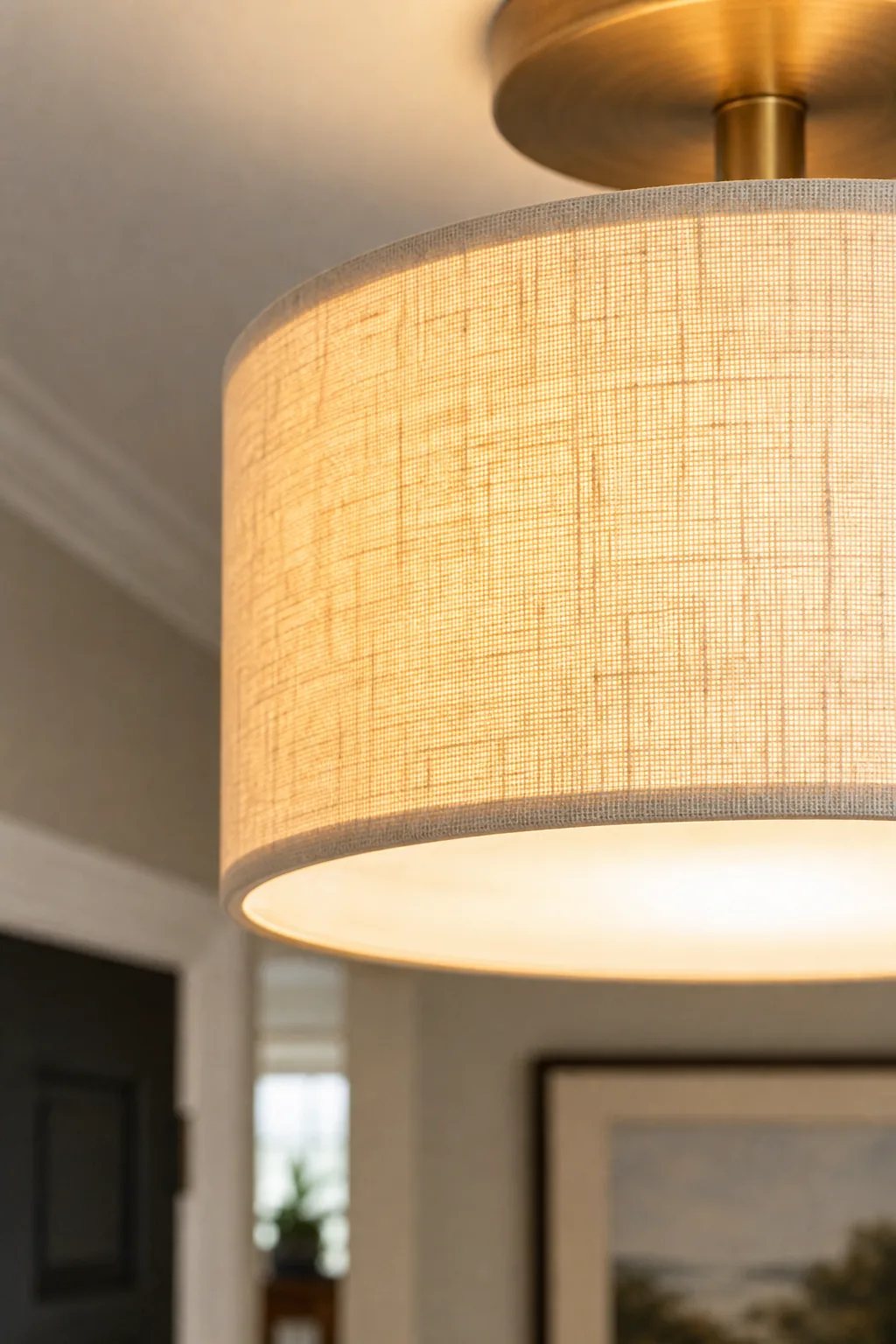 Close-up of a glowing textured linen drum shade.