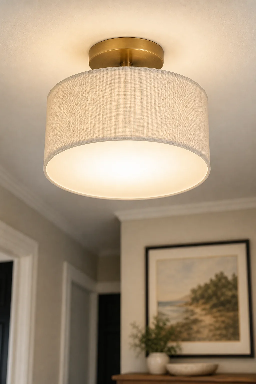 Upward view of a frosted diffuser plate on a ceiling light.