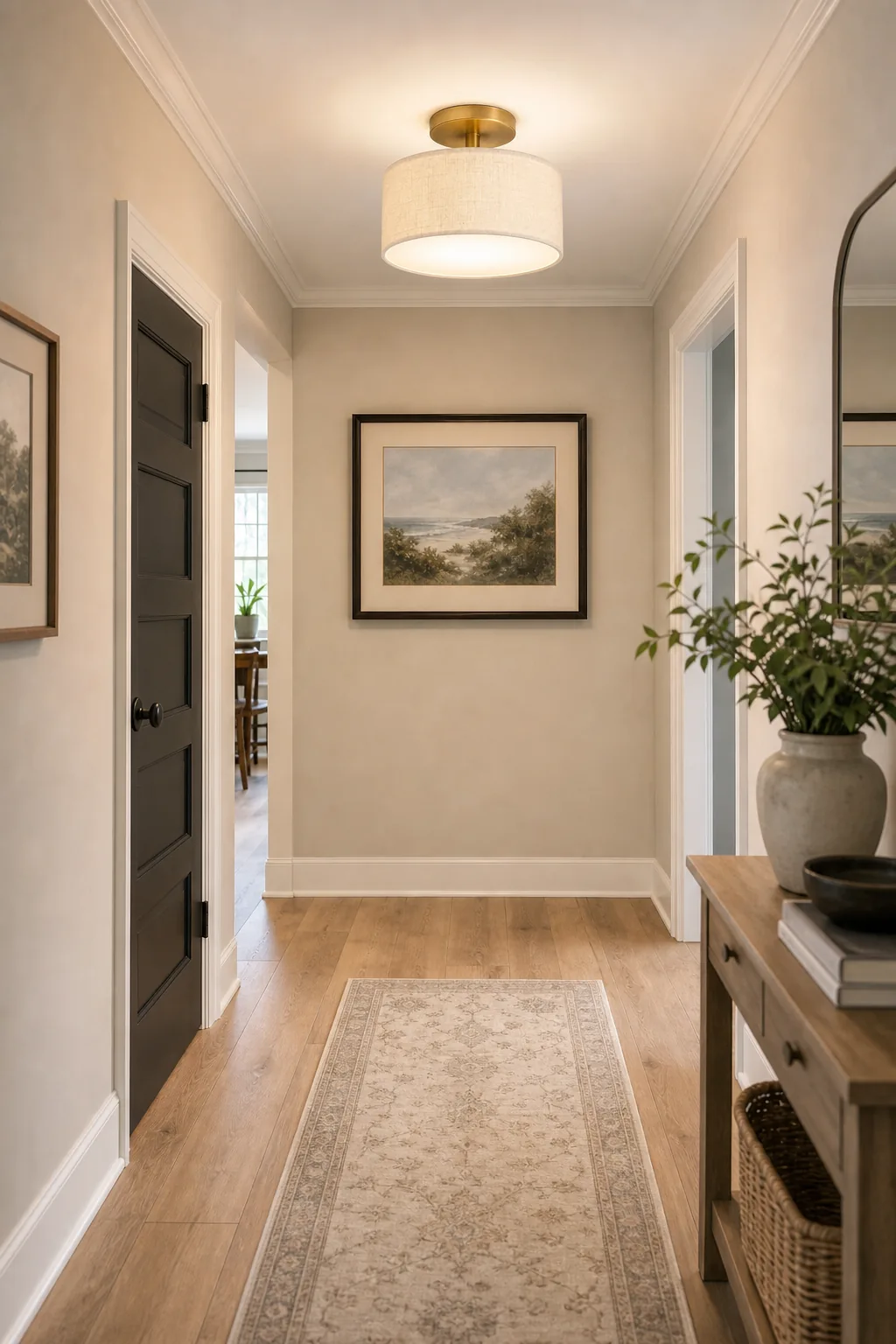 A well-lit hallway illuminated by a modern semi-flush mount light.