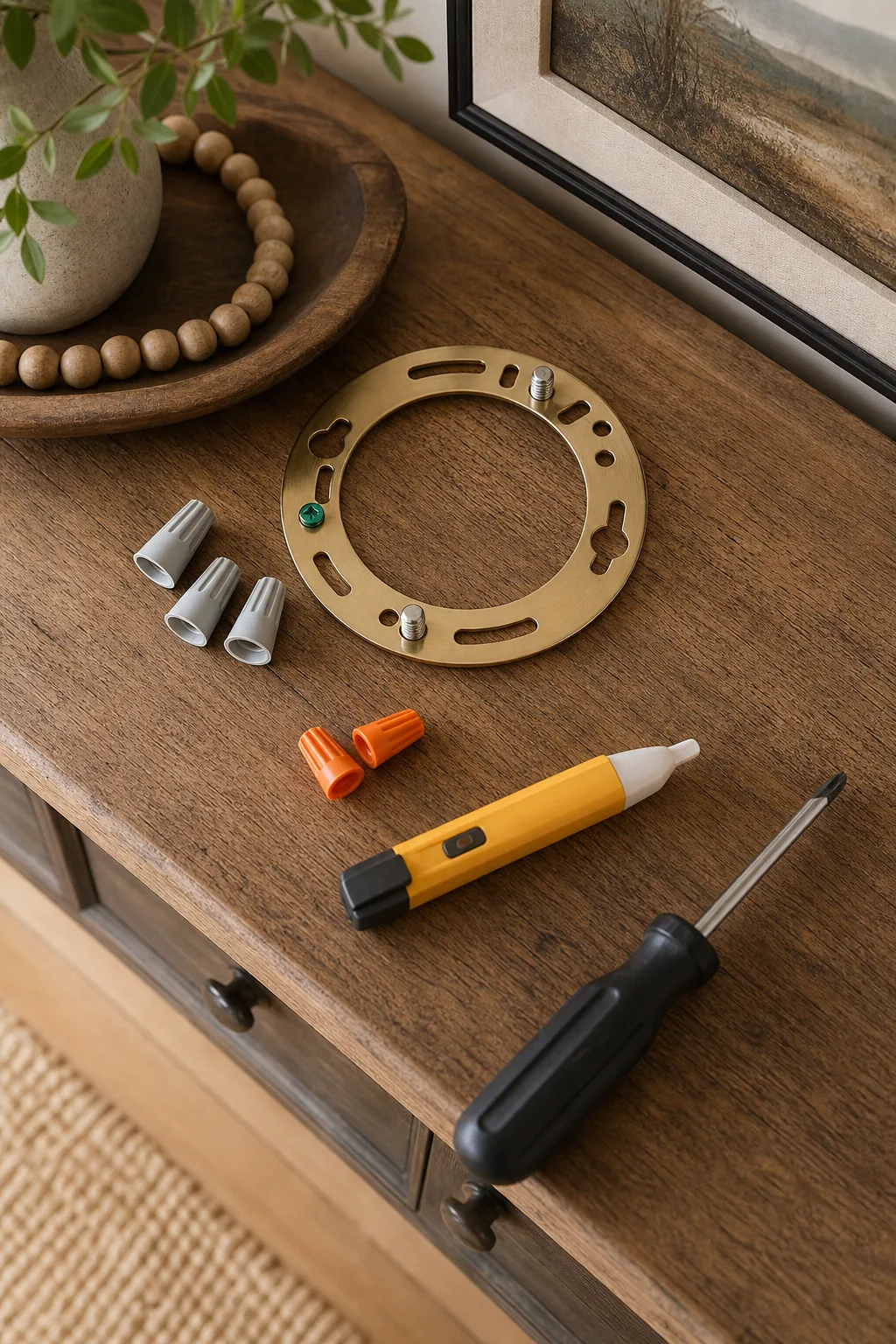 Electrical tools and brass mounting hardware arranged on a console table.