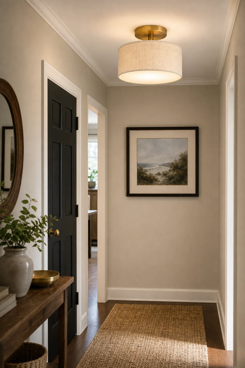 A styled hallway featuring a brass ceiling light, framed art, and a dark door.