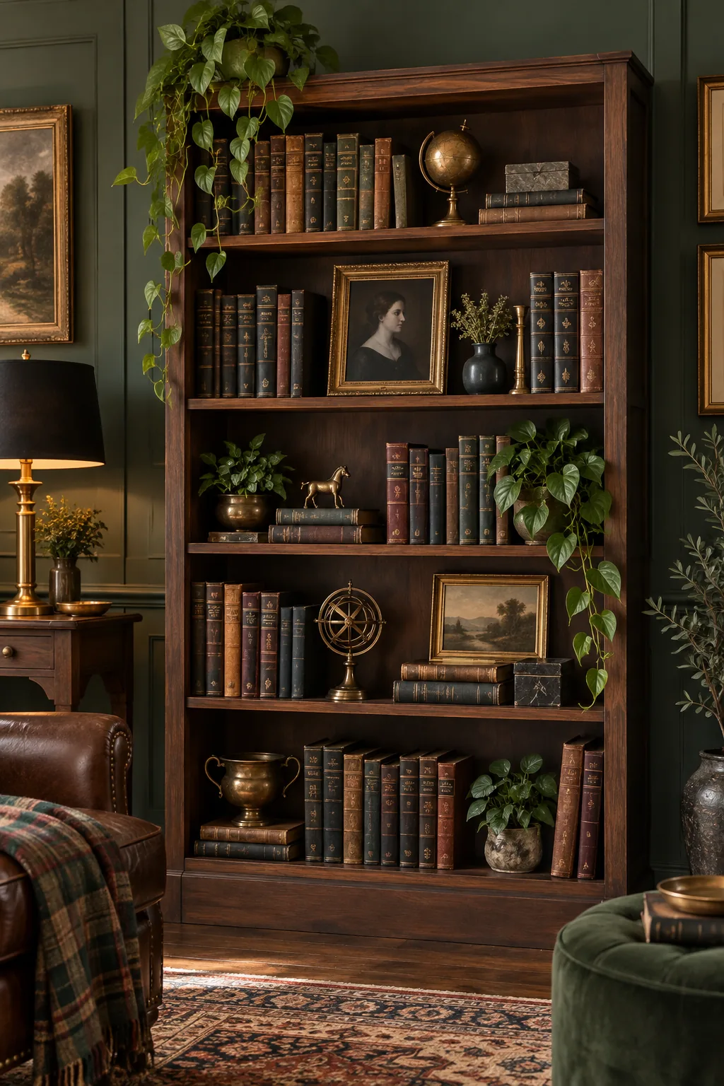 A walnut bookcase styled with dark vintage books and brass accents against a green wall.