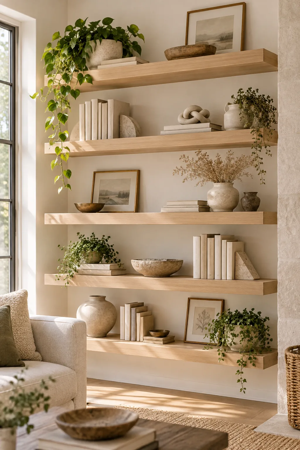 Floating pale oak shelves styled sparsely with beige books and matte ceramics.
