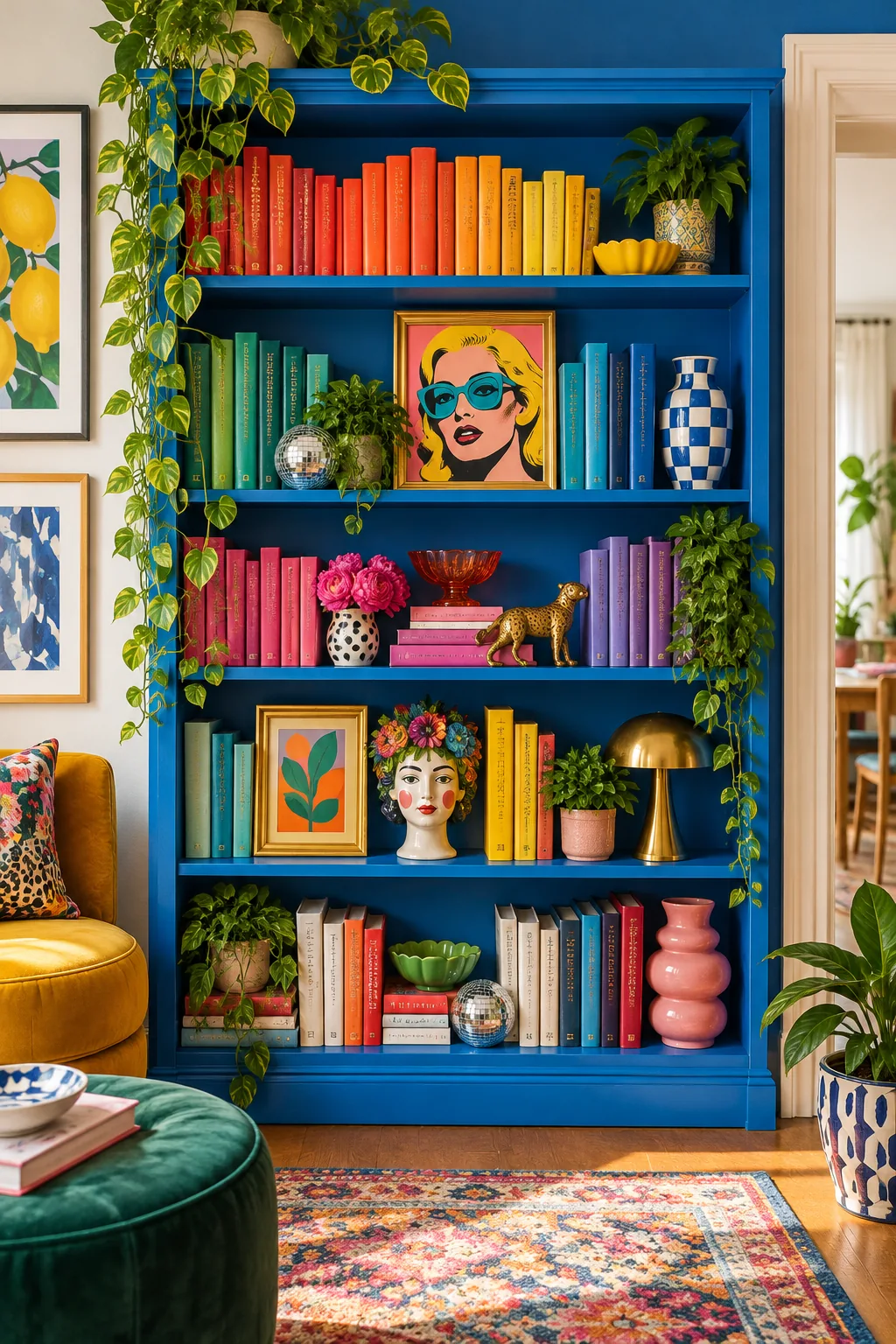 A cobalt blue bookcase filled with color-blocked books and vibrant eclectic objects.
