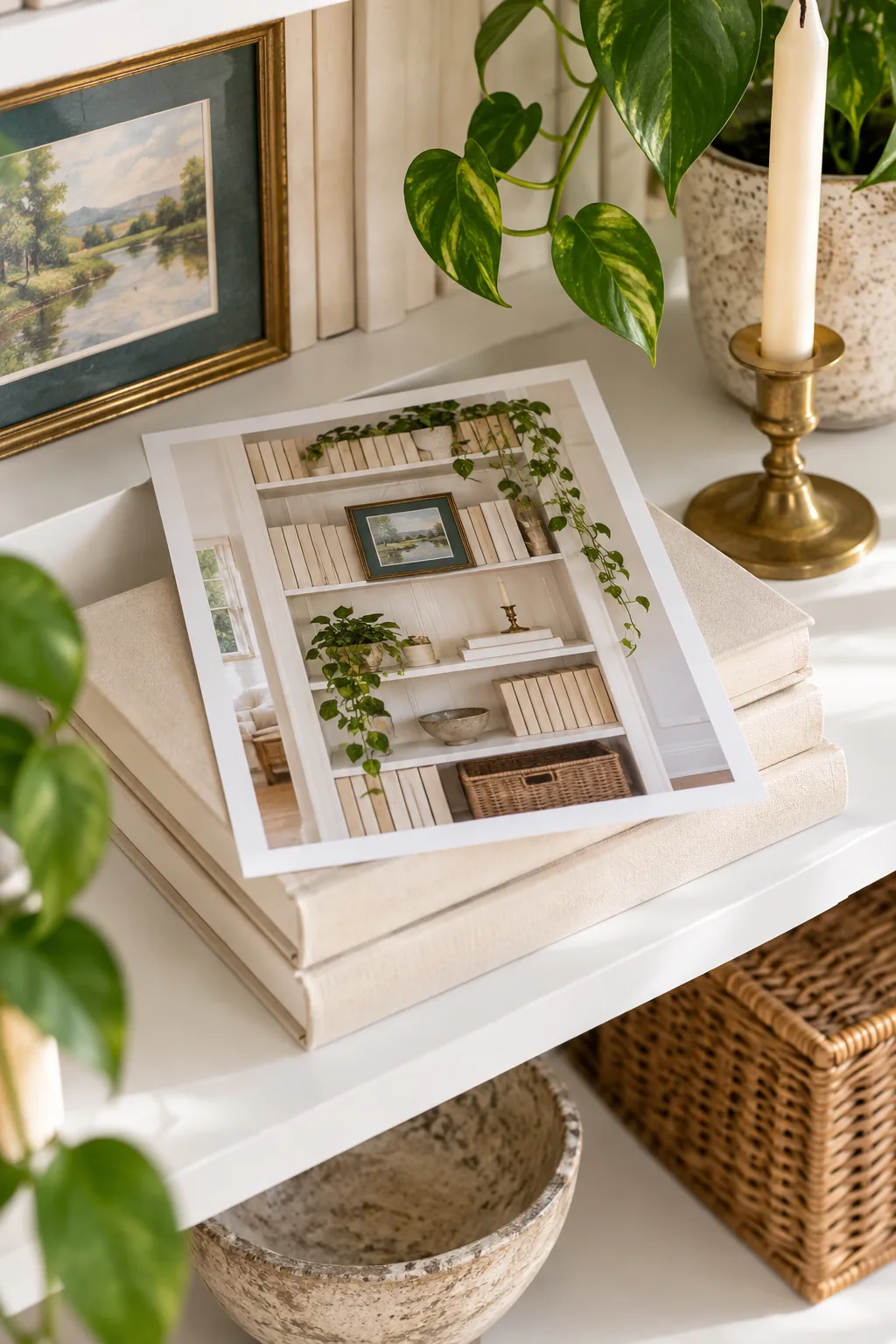 A printed paper styling map resting on a stack of books on a white shelf.