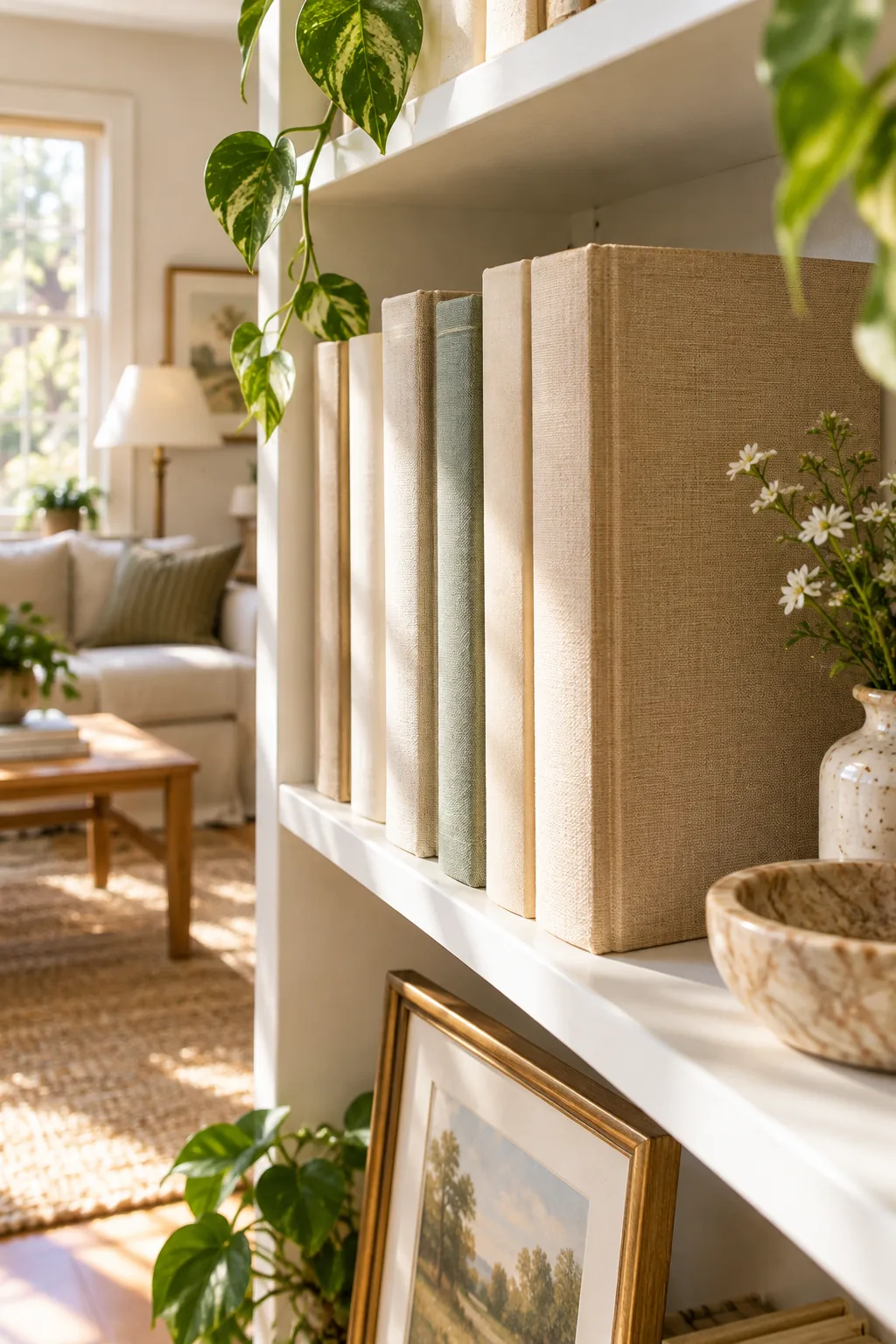 A close-up of book spines aligned perfectly with the front edge of a white shelf.