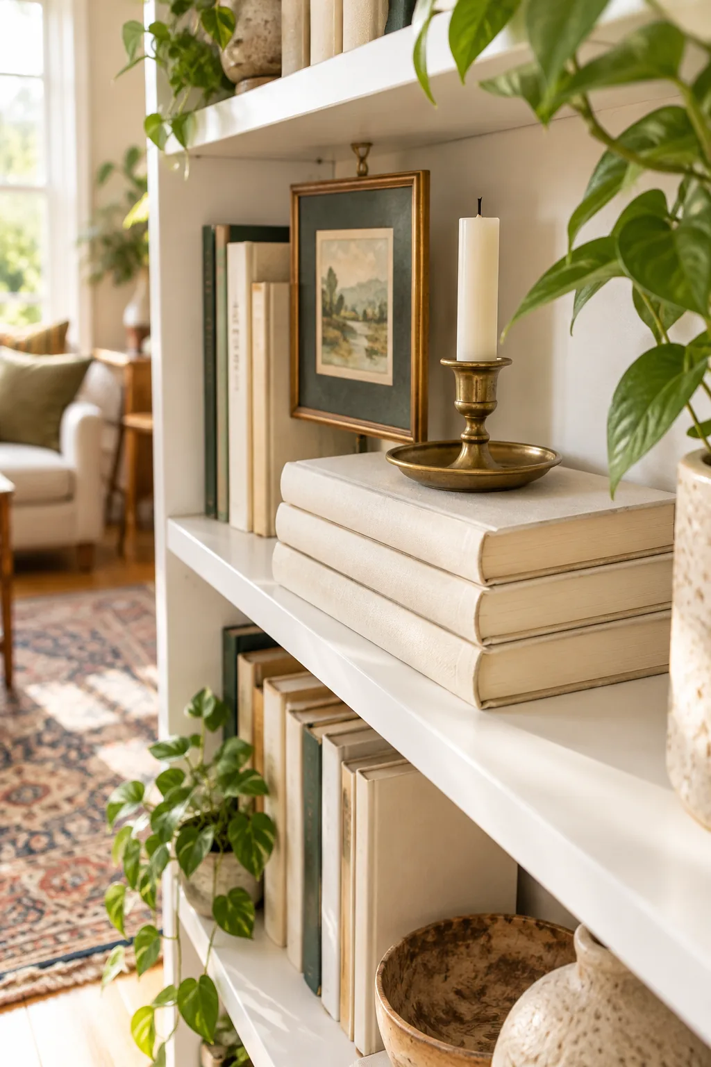 A short row of books standing upright at the end of a shelf with no visible bookend.