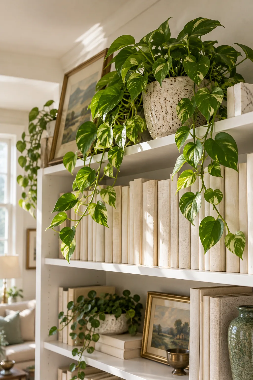 A framed landscape print hanging from a shelf above, floating in front of book spines.