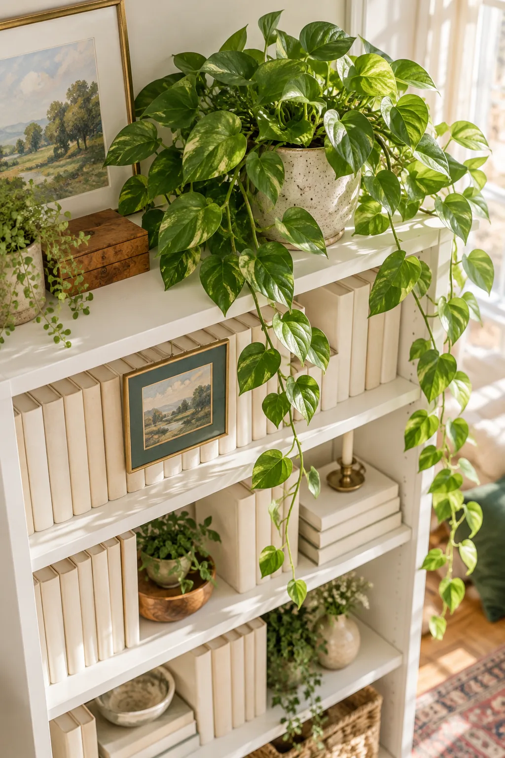 A trailing pothos plant in a ceramic pot sitting on a top shelf above books.