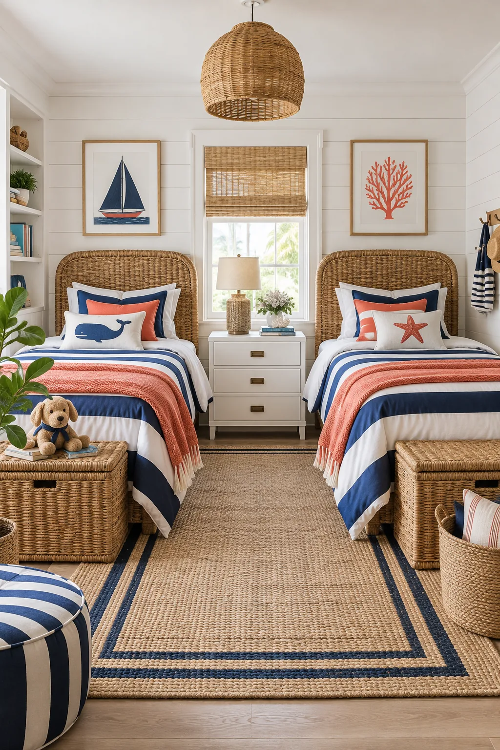 Coastal shared bedroom with navy and coral bedding and white shiplap walls.