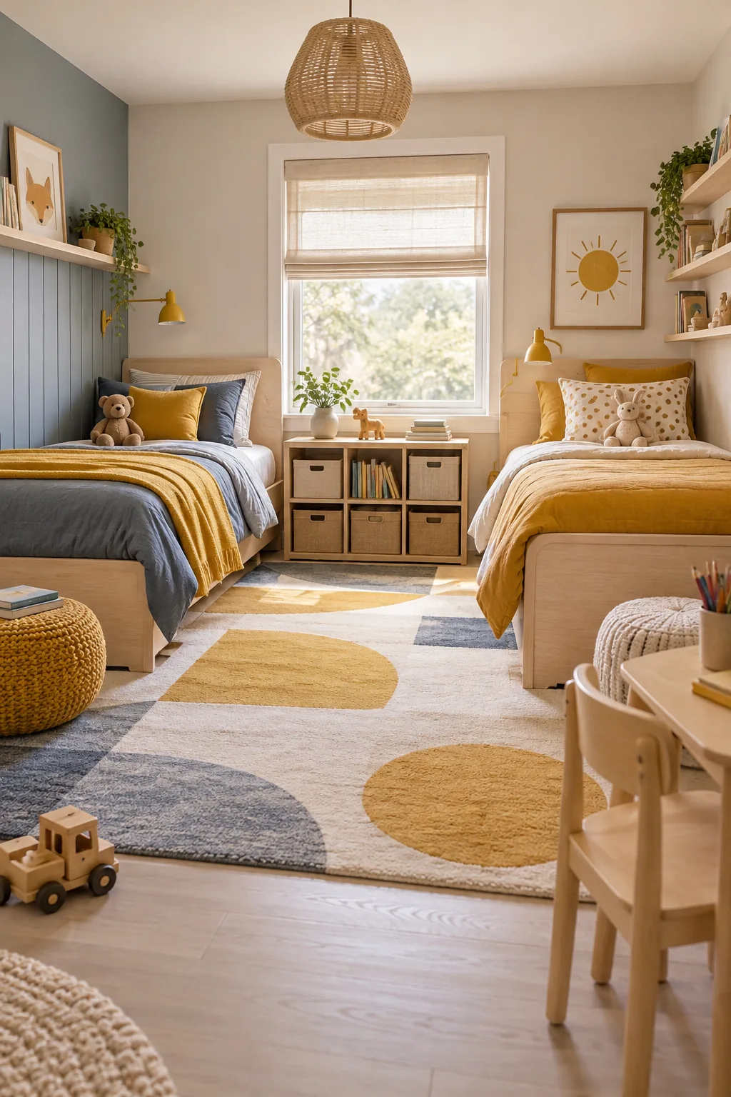 Modern Scandi shared bedroom with mustard and slate bedding and pale birch furniture.