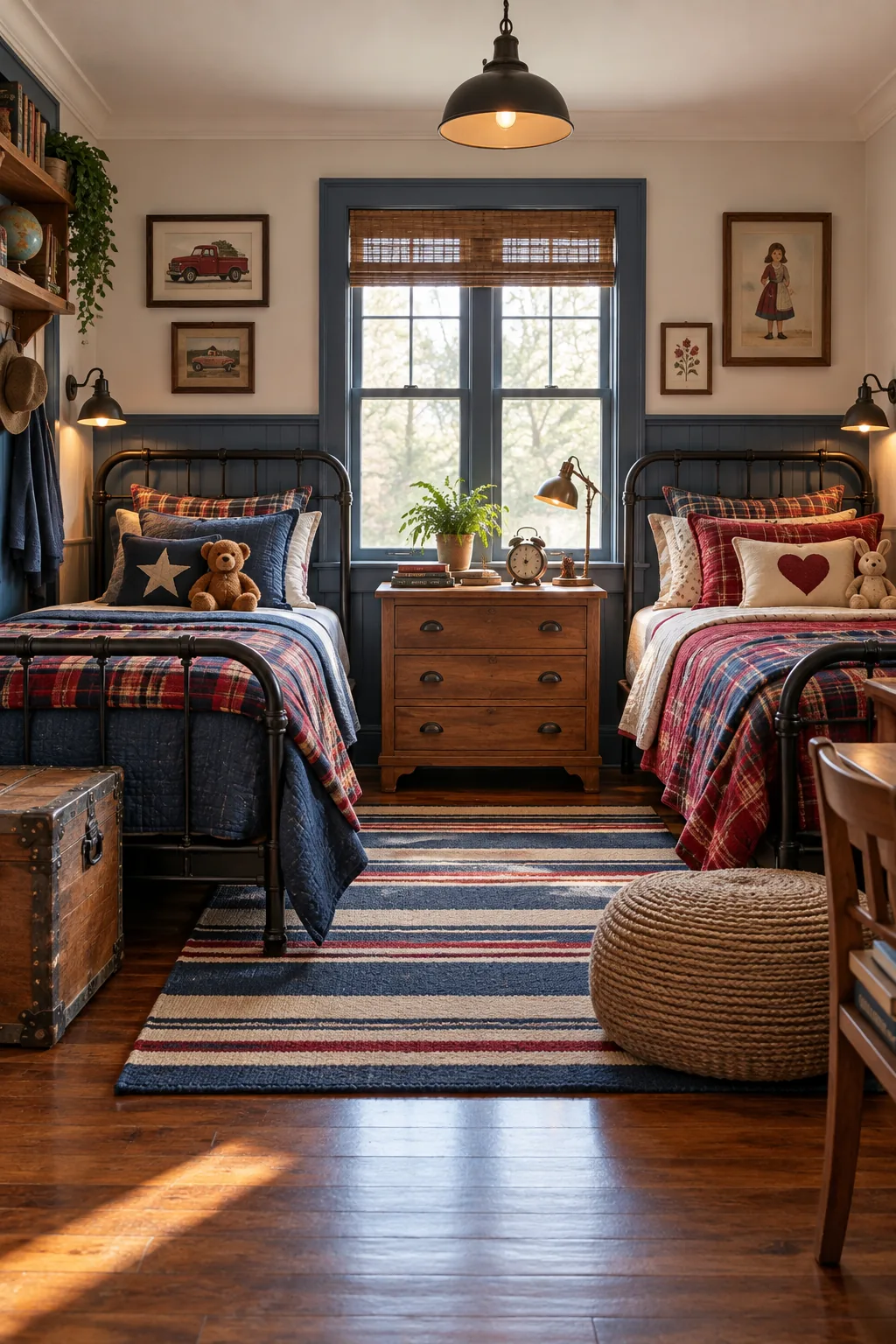 Vintage Americana shared bedroom with denim and crimson plaid bedding on black iron beds.