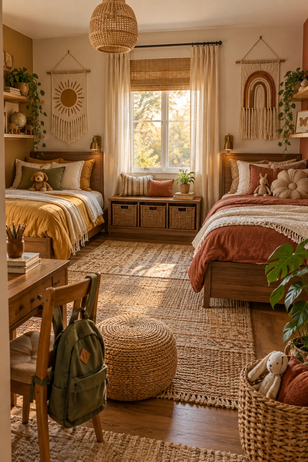 Earthy Boho shared bedroom with ochre and rust linen bedding and macrame wall hangings.