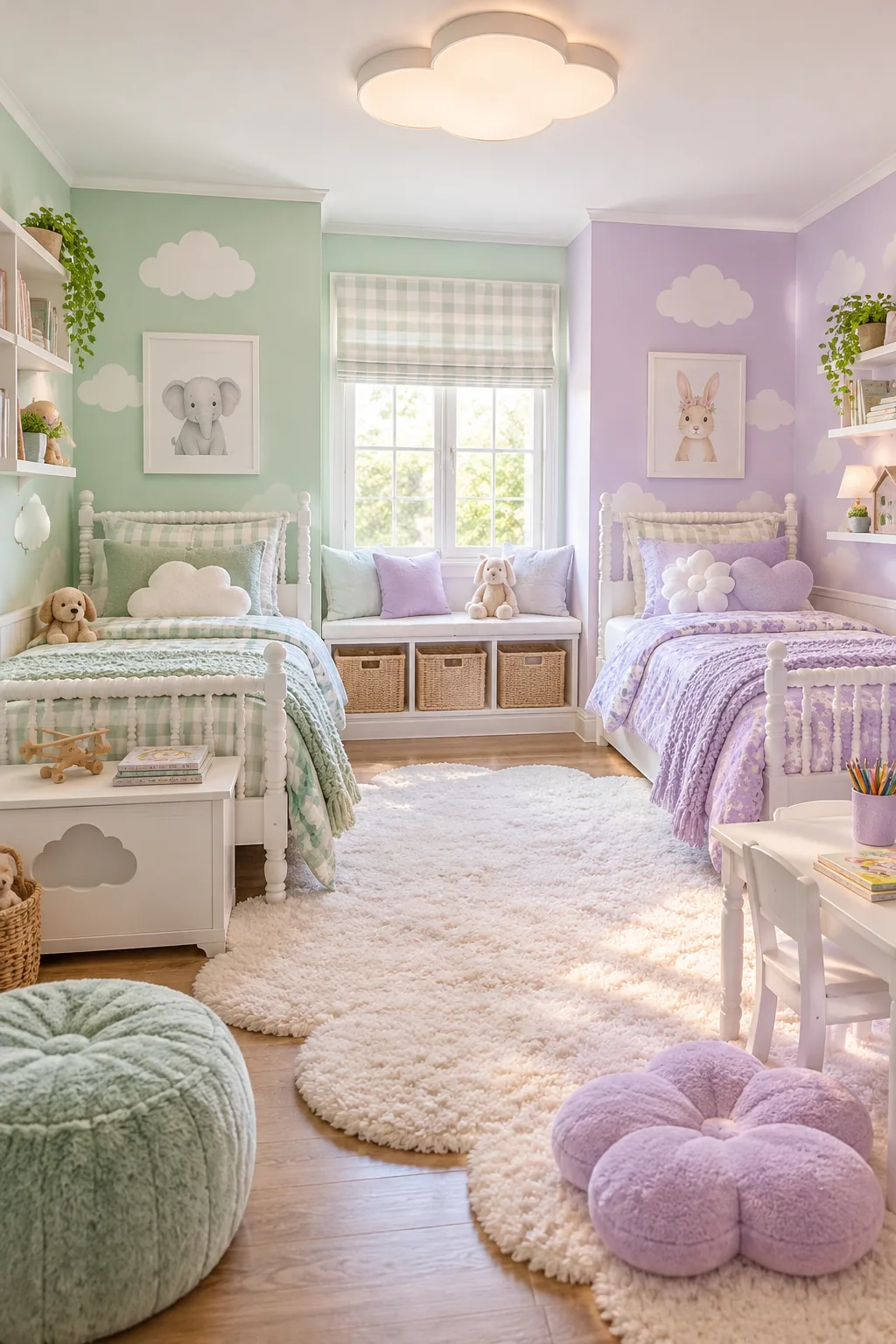 Pastel shared bedroom with mint and lavender bedding and whimsical cloud motifs.