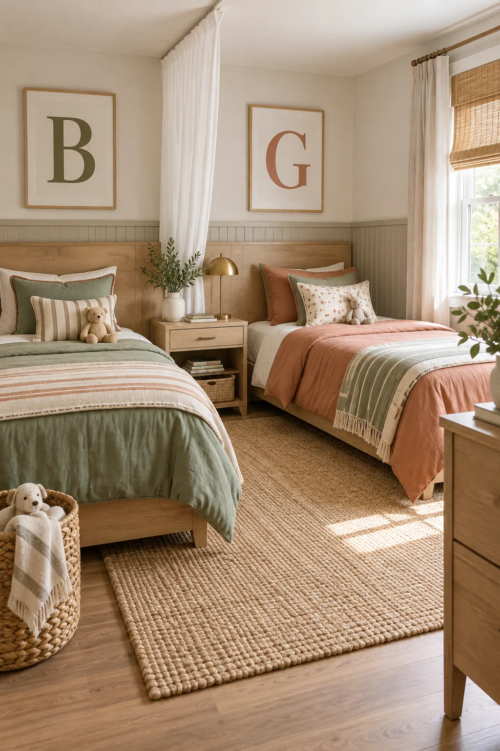 Elevated view of a shared bedroom showing the walking space between two twin beds on a textured jute rug.