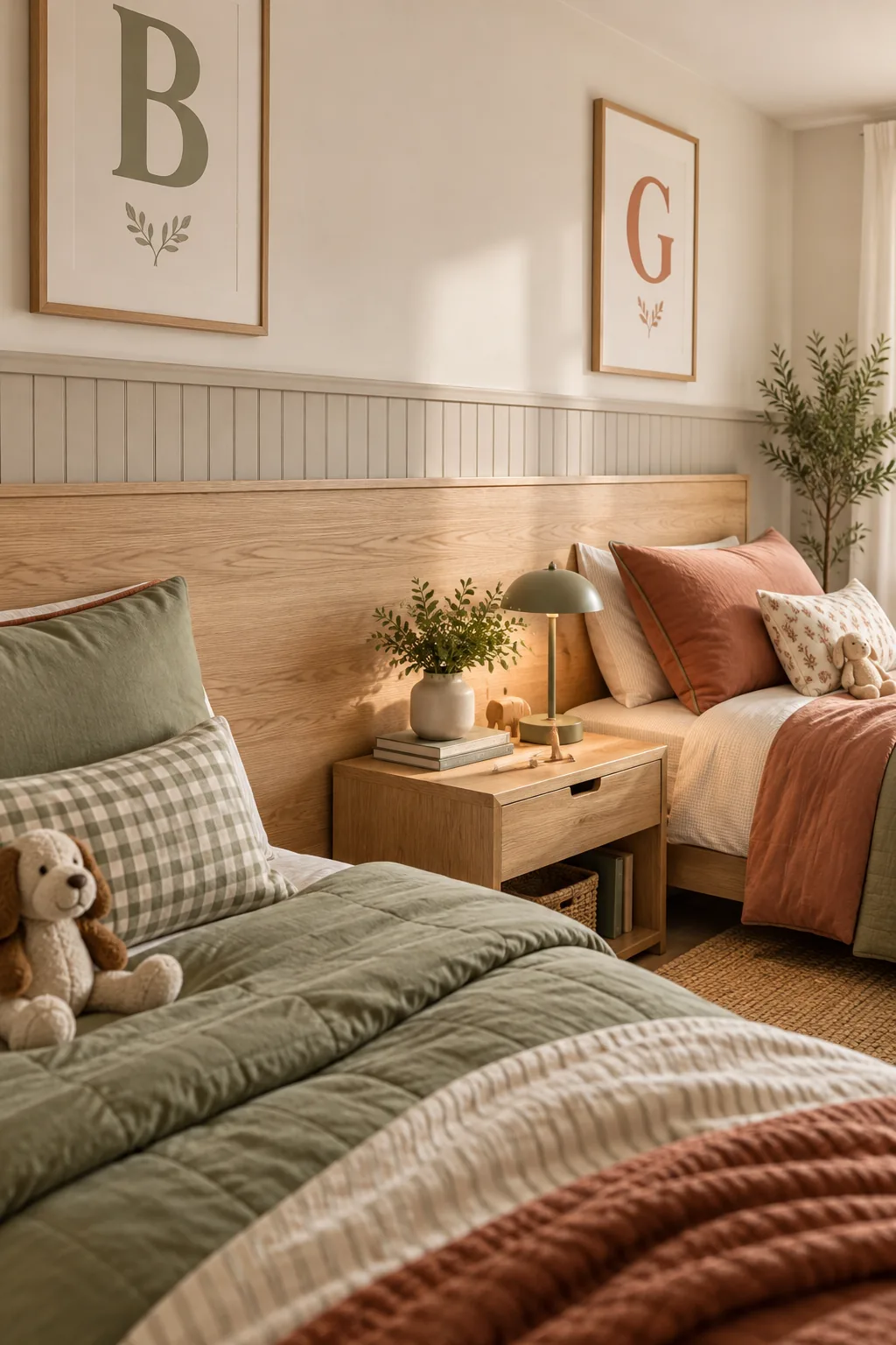 Close-up of warm greige beadboard wainscoting behind a light oak bed frame.