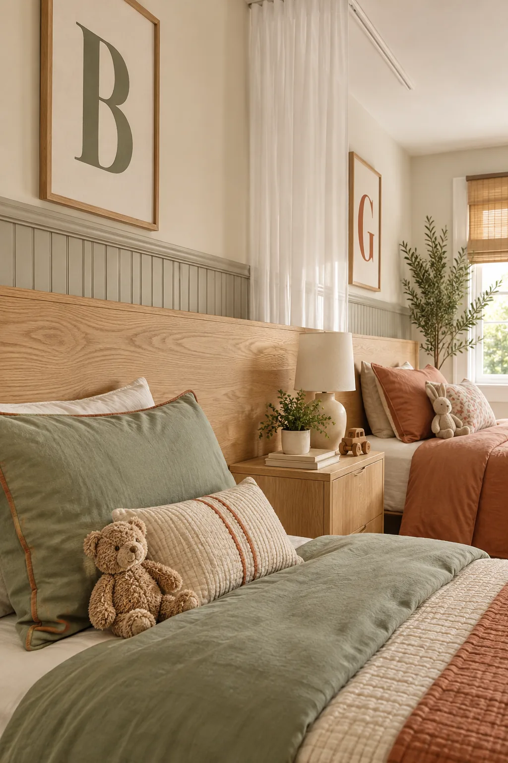 A continuous light oak headboard spanning across two twin beds and a shared center nightstand.
