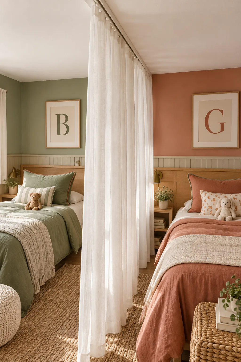 A sheer white curtain hanging from a minimalist flush ceiling track between two beds.