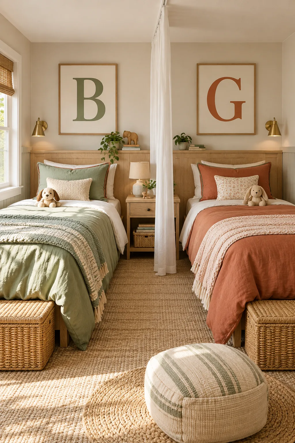 Overhead view of a sage green pillow with terracotta piping next to a terracotta pillow with sage green piping.