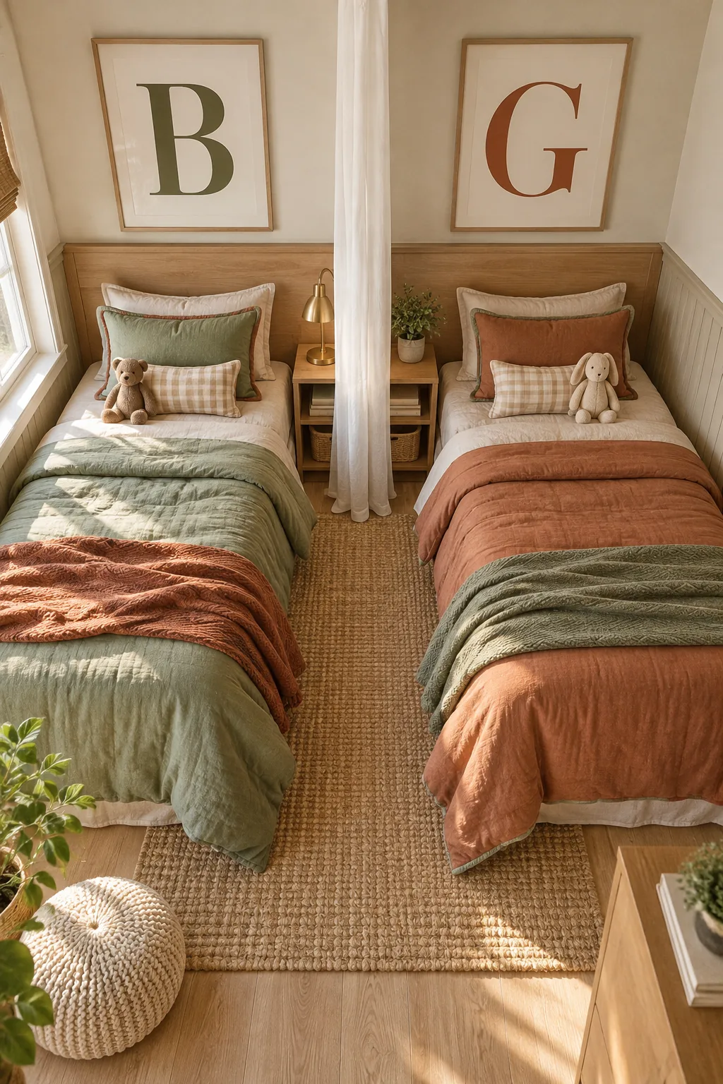 Large framed 'B' and 'G' monogram prints hanging symmetrically over two twin beds.