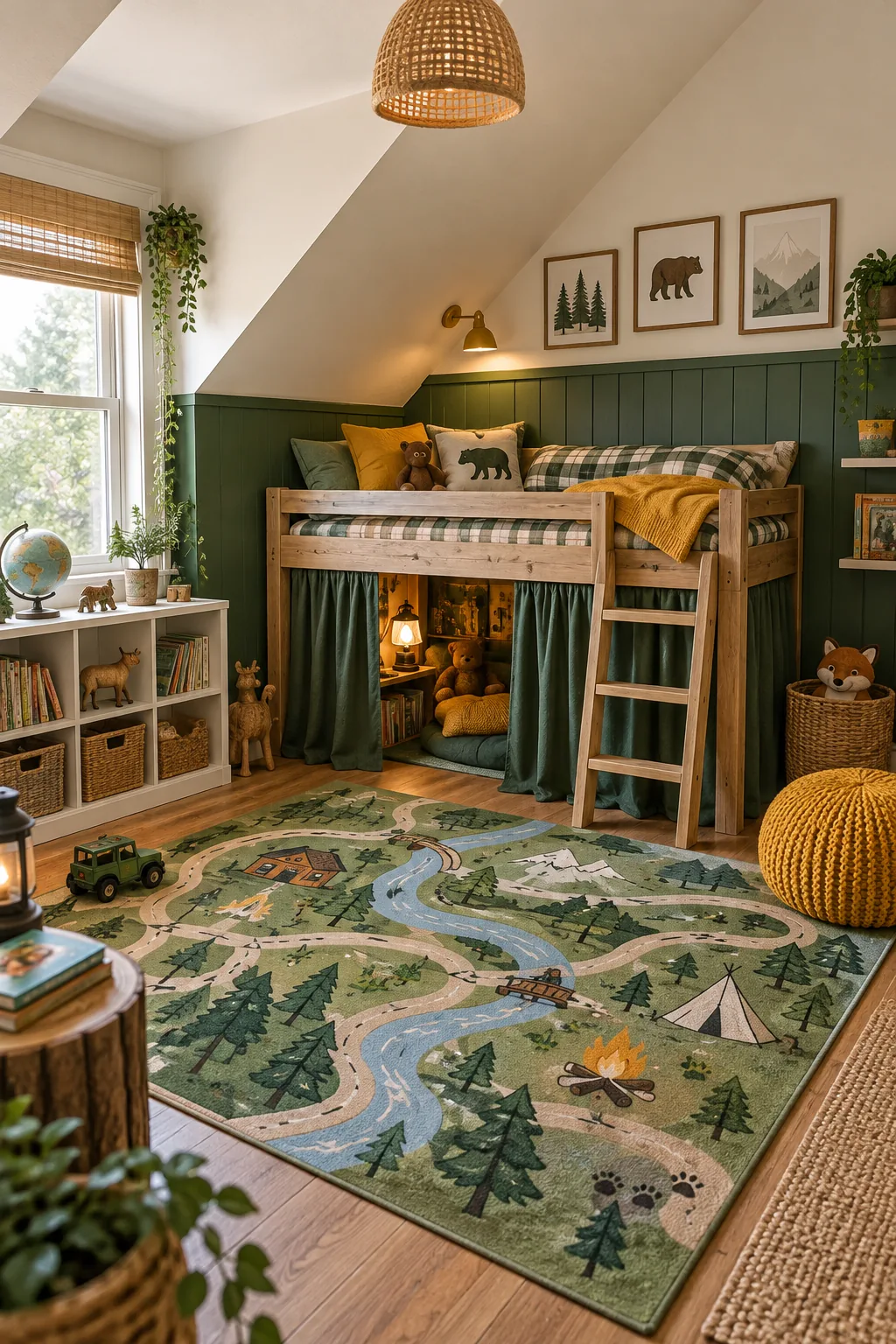 Attic bedroom with forest green walls, mustard accents, and a wooden midsleeper bed.