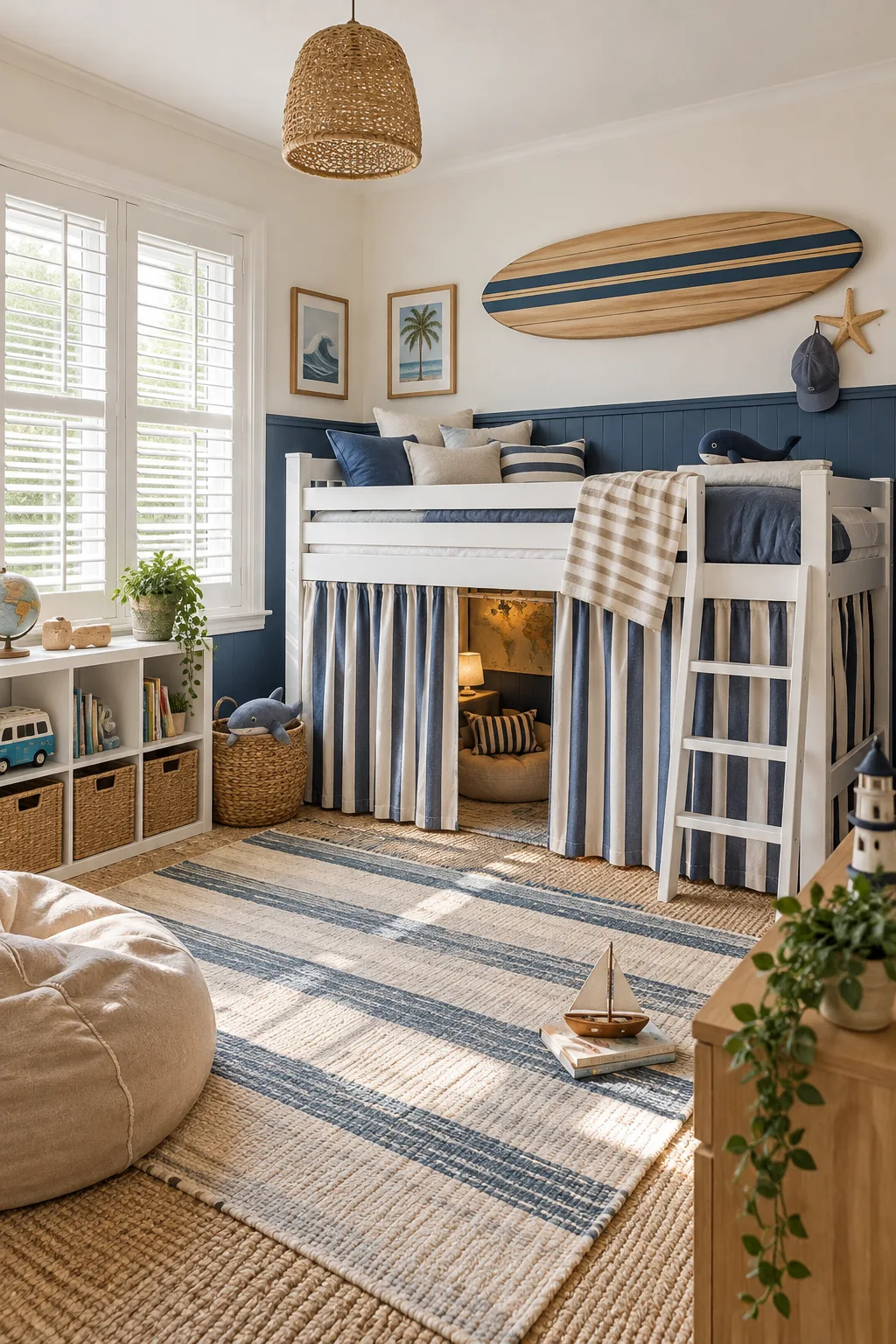Bright corner bedroom with navy walls, sandy beige textiles, and white plantation shutters.