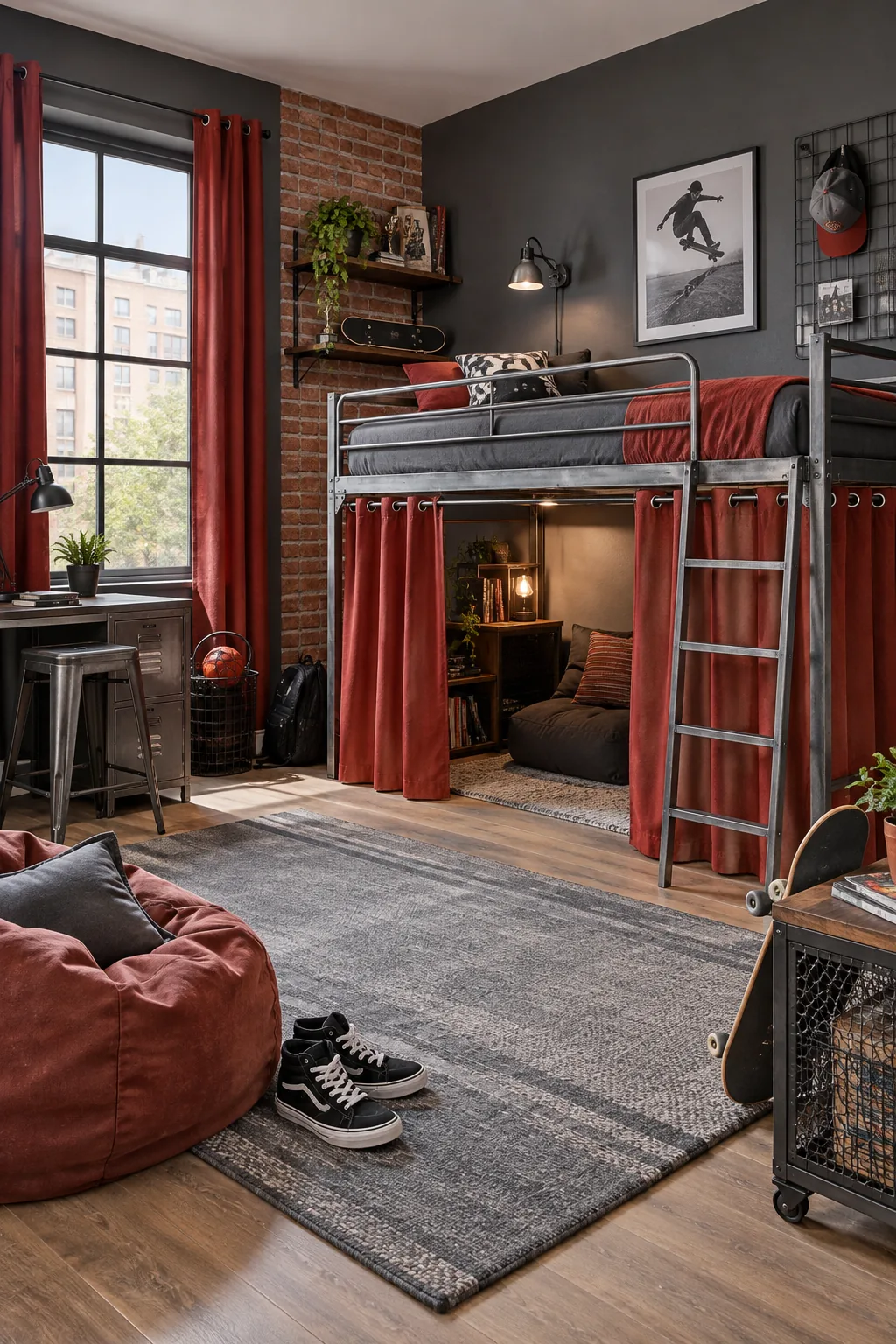 Urban bedroom with an exposed brick wall, charcoal gray paint, and a metal midsleeper bed.