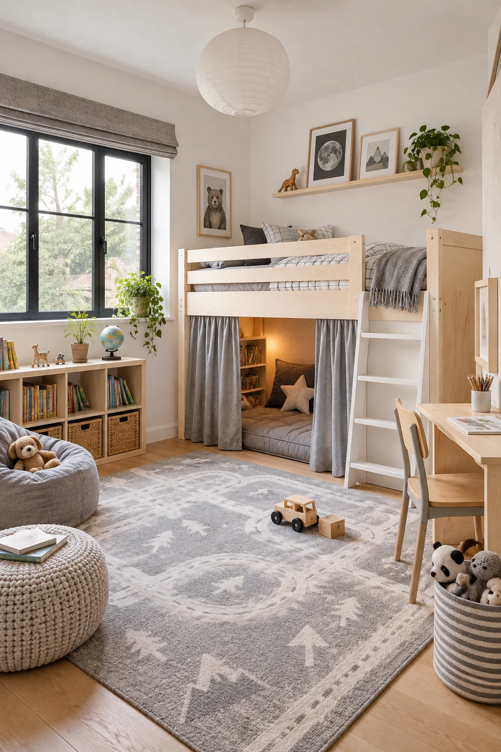 Minimalist bedroom with pale birch wood furniture, white walls, and soft gray textiles.