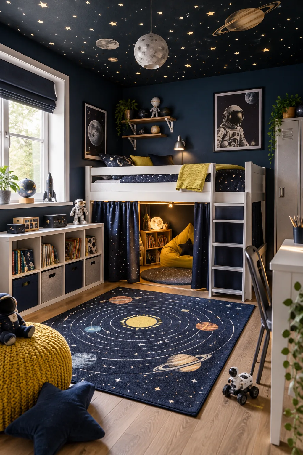 Space-themed bedroom with deep indigo walls, silver hardware, and a dark ceiling with stars.