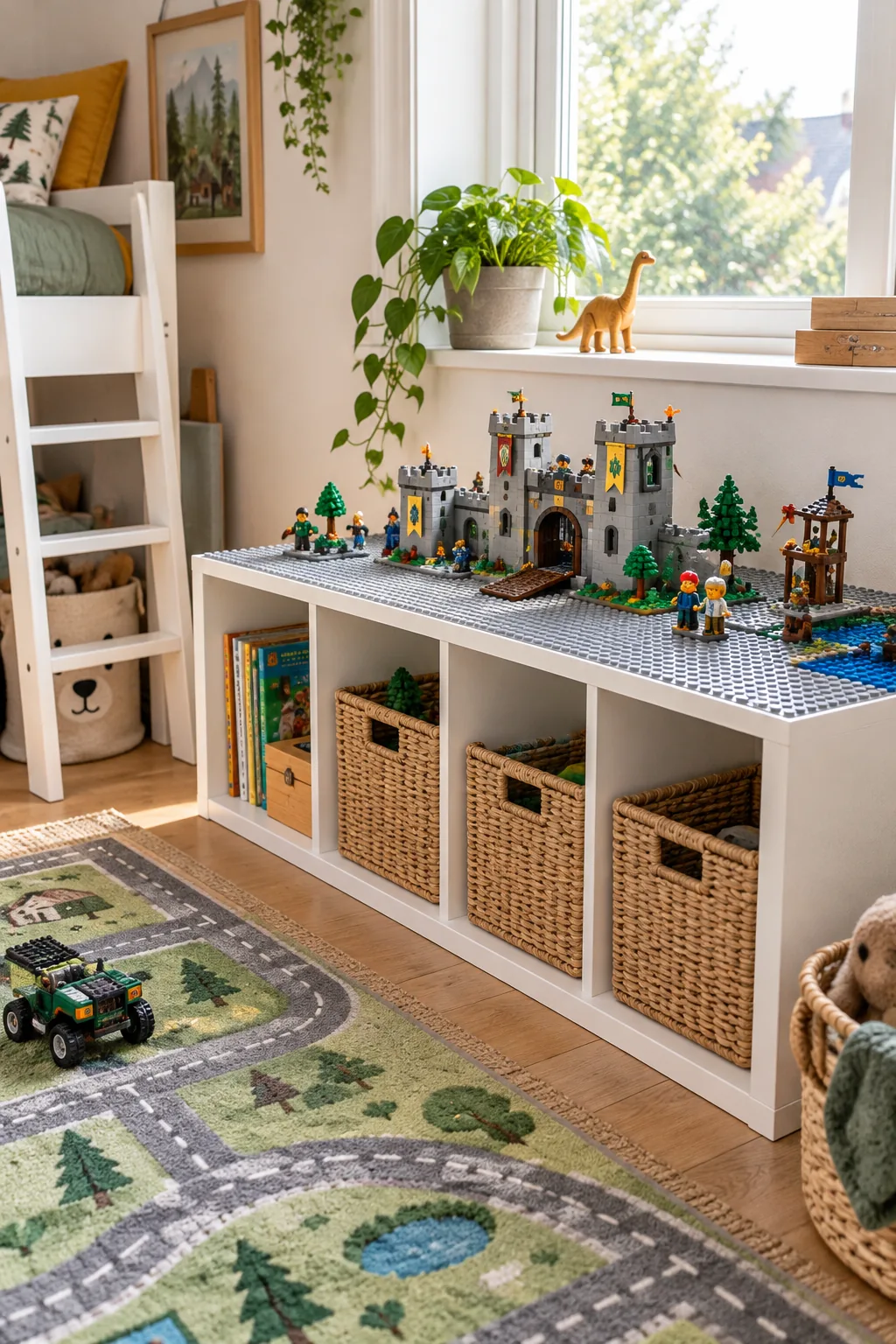 White sideways cube shelf topped with gray building baseplates and colorful toy bricks under a sunny window.