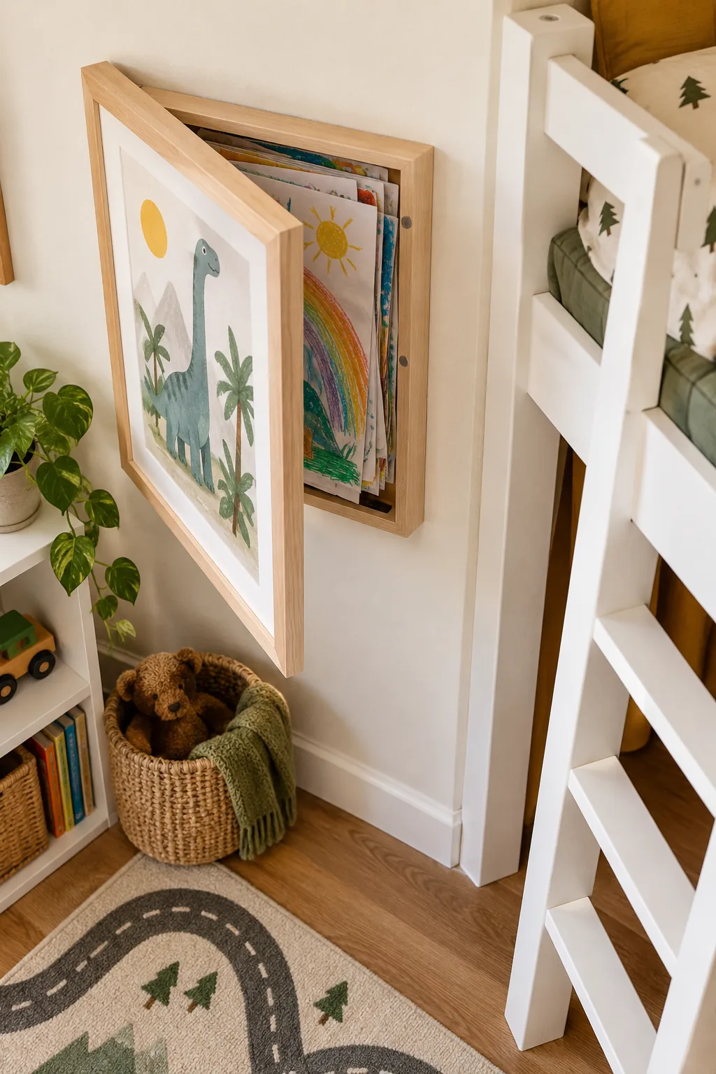 Pale wood front-opening frame mounted on a white wall, slightly open to show a stack of kids' drawings.