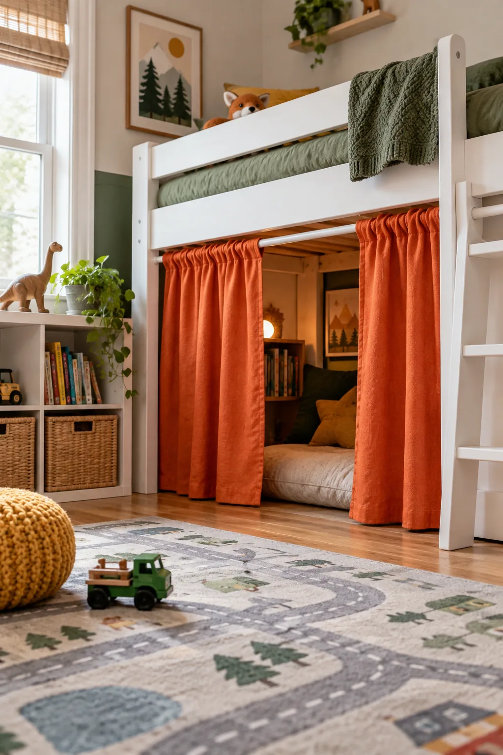 Tomato-orange curtains hanging from a white tension rod wedged between the legs of a white loft bed.