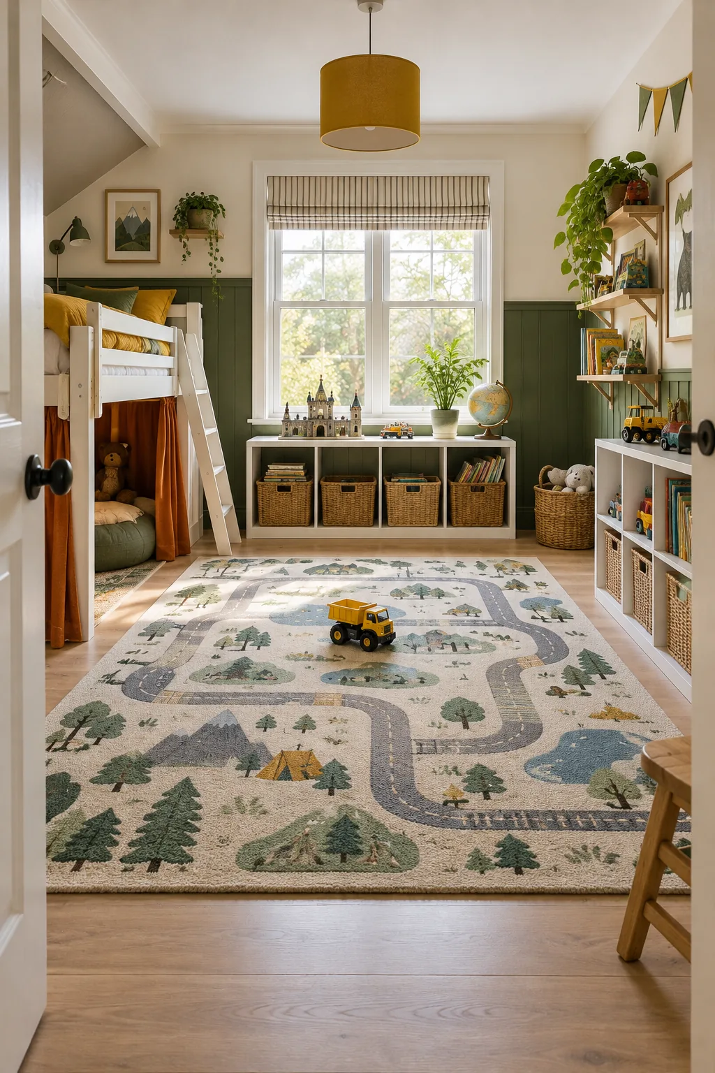 View from the bedroom door looking across a large, flat road map play rug toward a bright window.