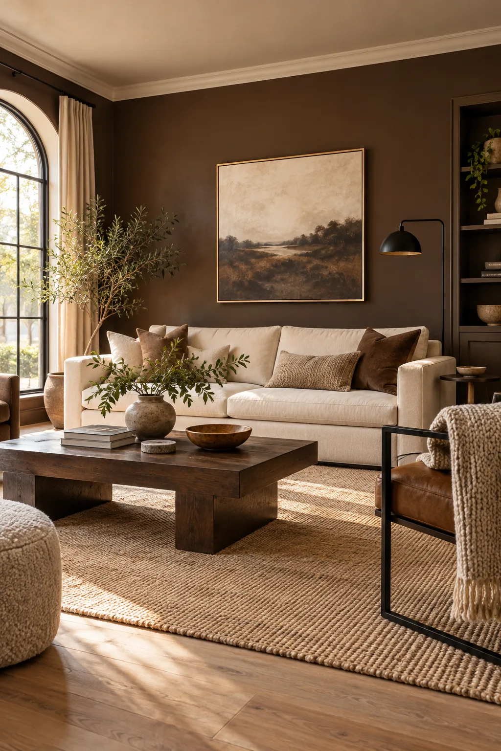 A minimalist living room with chocolate brown walls and a cream sofa.